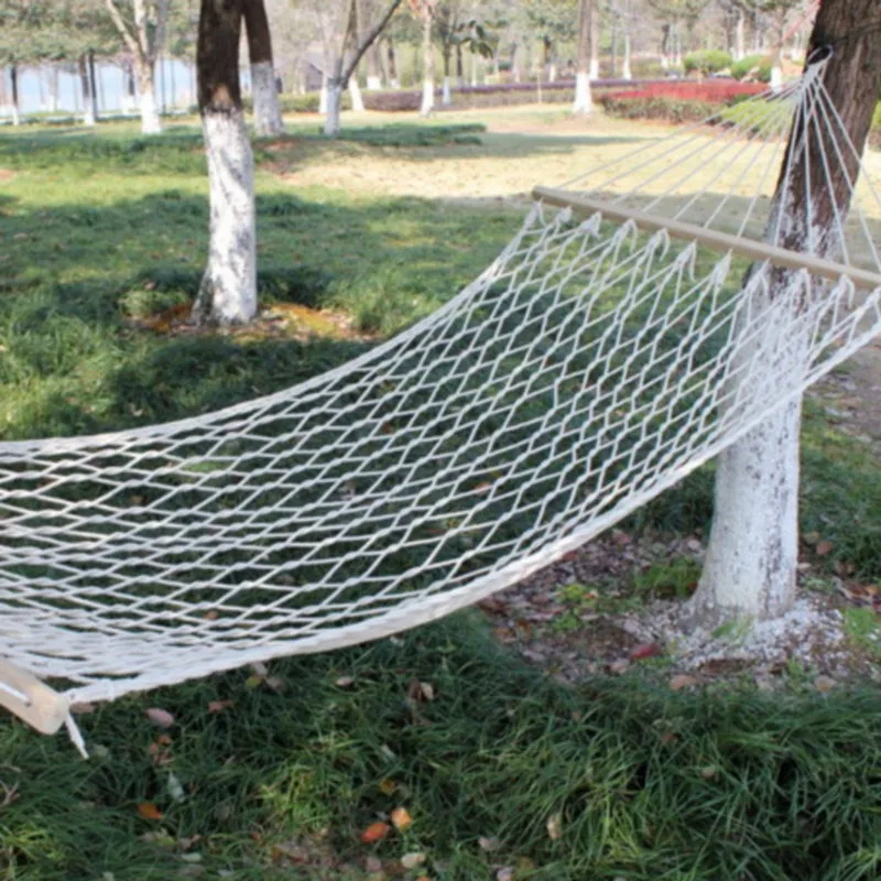 

Outdoor Mesh Hammock Single Cotton Rope Solid Wood Bar Hammock Open Air Swing Beach Seaside Relaxing Hanging Net Bed