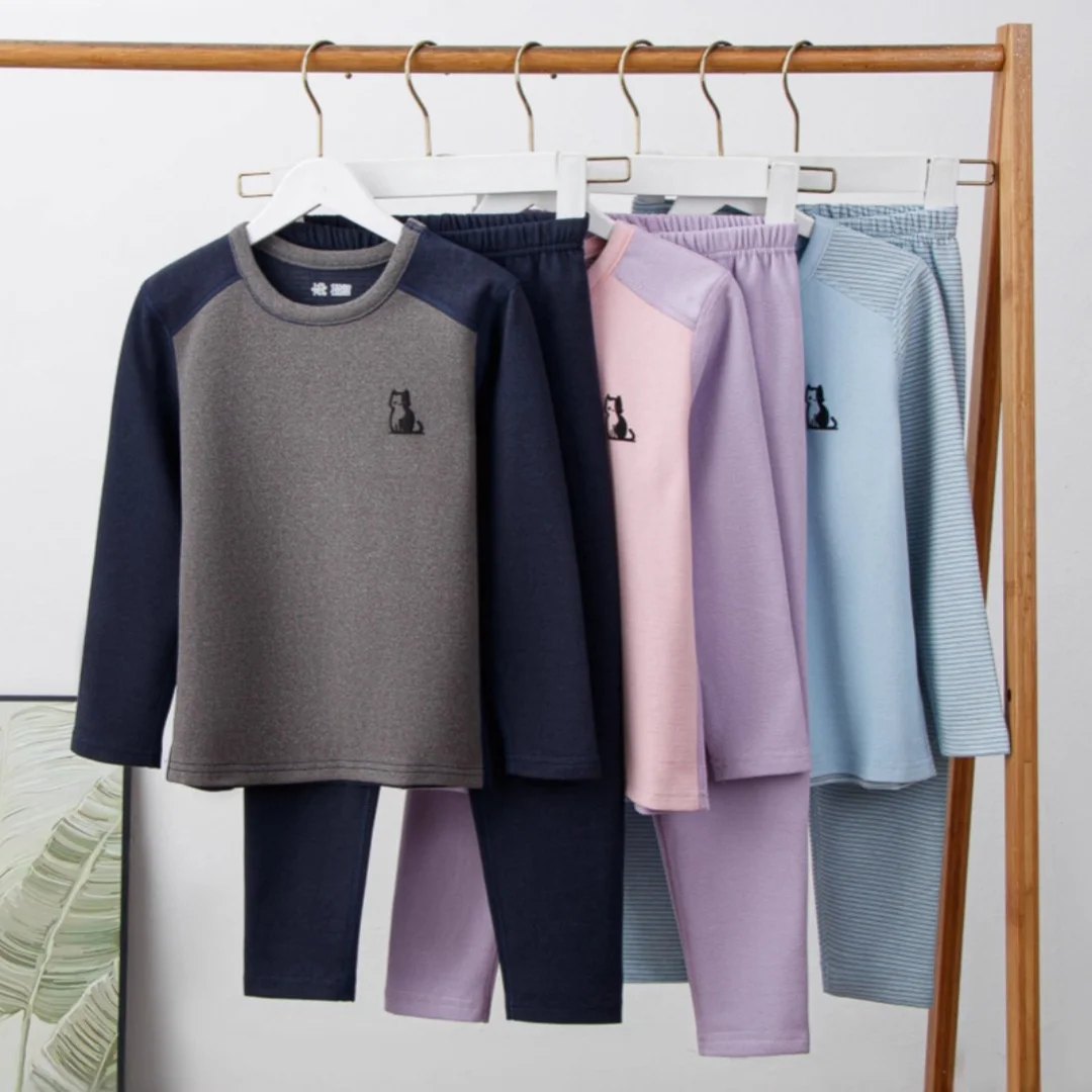 4-9Y الأطفال نحى ملابس اخلية حرارية مجموعات اللون كتلة طويلة الأكمام بلوزات وسراويل أطفال بنين بنات الخريف الشتاء الدافئة منامة