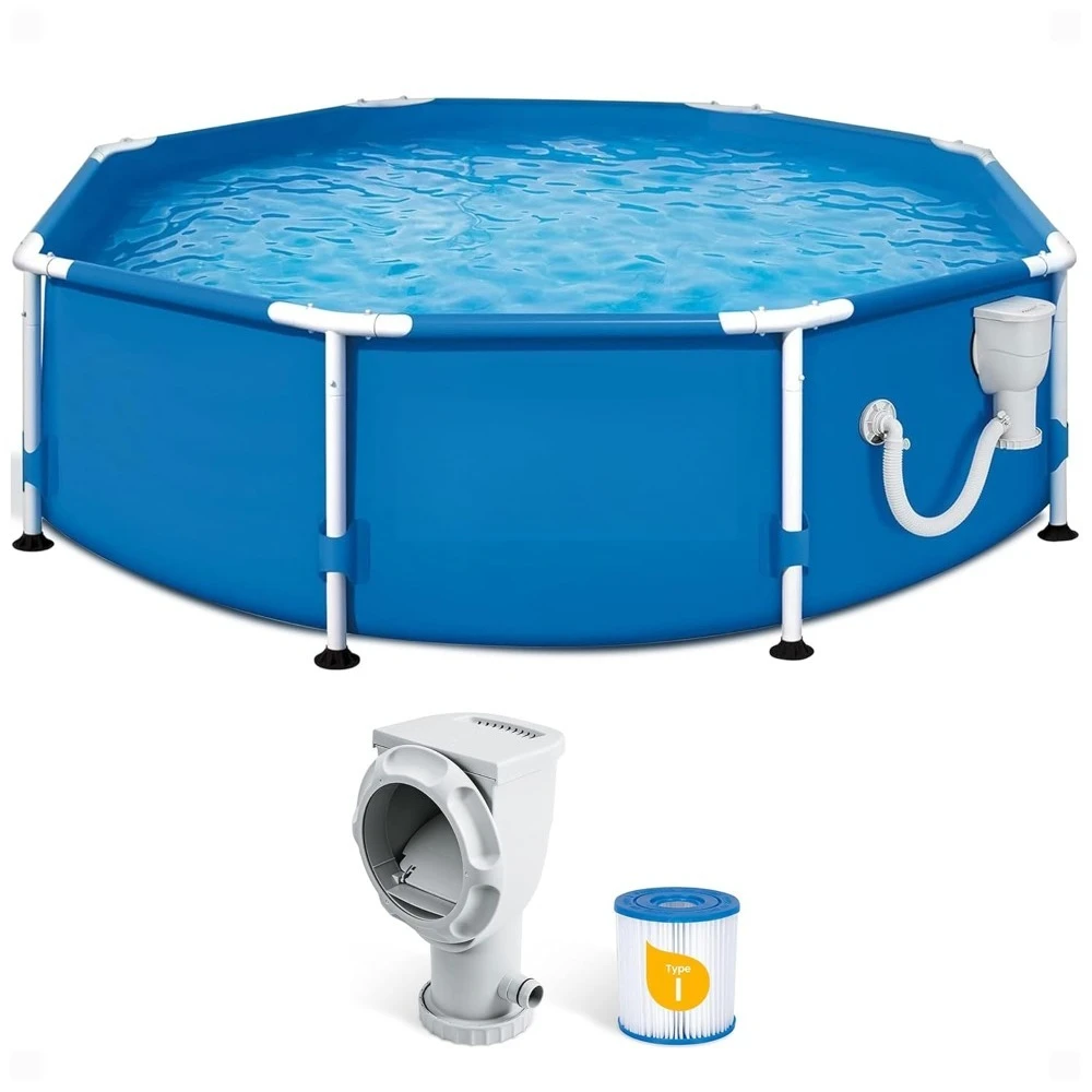 8ft Round Above Ground Swimming Pool with 400 GPH Filter Pump, Auto Skimmer, Type I Cartridge & Repair Patch, Custom