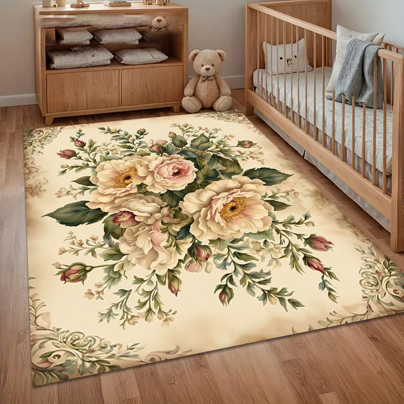 Large Yellow Floral Rug Pink Peony Pattern Living Room Carpet Vintage Flower Area Rug Elegant Bedroom Floor Mat