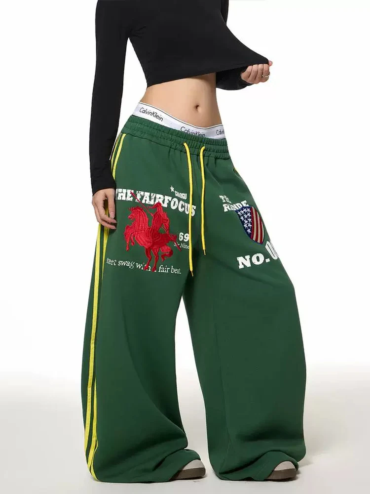 American High Street Letter Print Embroidery Drawstring Sweatpants Men's Retro Loose Design Sense Blade Jazz Dance Pants