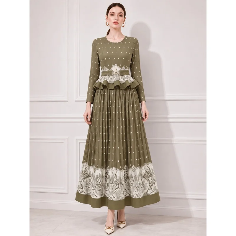 Miyake Lace Patchwork Pleated Dress Round Neck Long Sleeve Ruffled Plus Size Design Fold Polka Dot Strechy Party Club Dresses