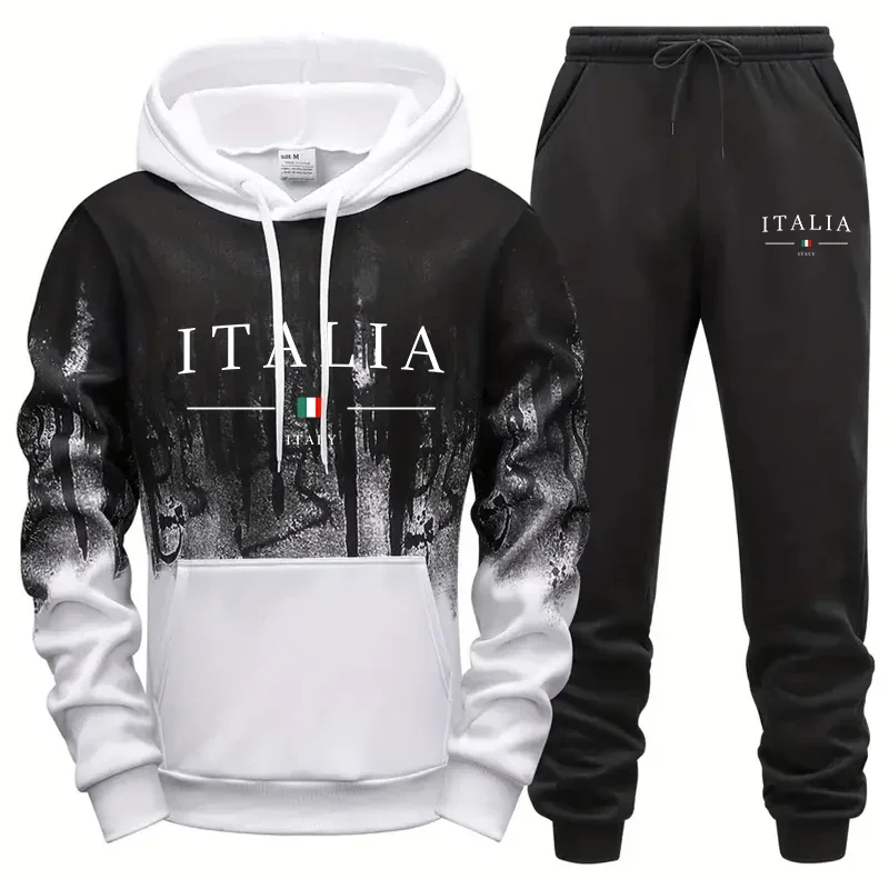 

Autumn Winter Mens Tracksuit Printed Casual Sweatshirt Sweatpants 2 Pcs Set Sports Jogging Mens Clothing Splash-ink Hoodies Suit