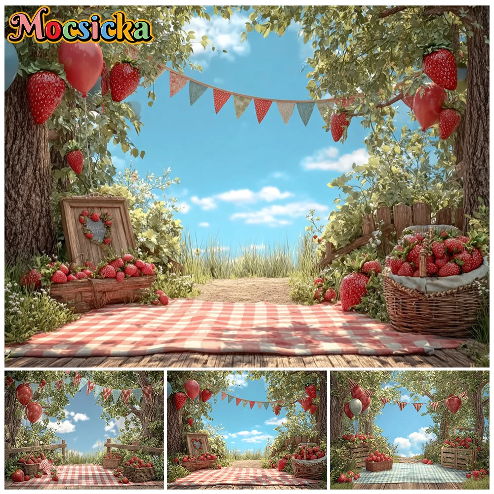 Mocsicka Strawberry Picnic Photography Backdrop Summer Garden Scene Giant Red Checkered Blanket Background Photo Shoots Tapestry