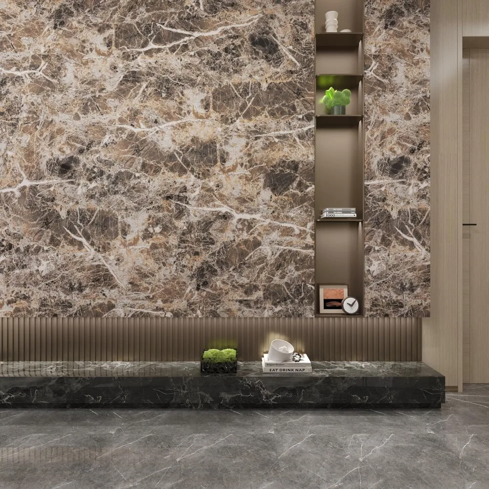 ورق جدران قابل للتقشير واللصق من الرخام البني المقاوم للماء، ورق اتصال رخامي صناعي سميك من الفينيل DIY لديكور المنزل