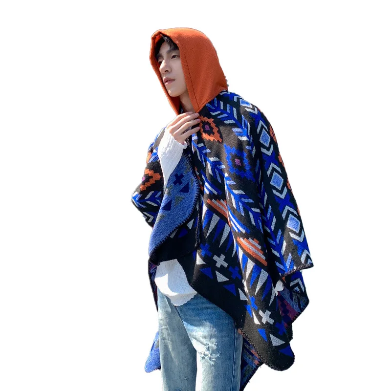Poncho masculino estilo étnico capa com capuz e cachecol com capuz para fotografia de capa de viagem e presente de agasalhos quentes