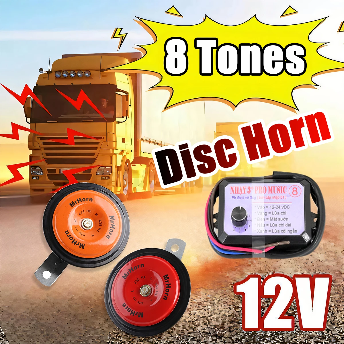 12V 8 Tones Musical Horn Electric Disc  Horn Loud High Low Dual for Vehicles Motorcycles