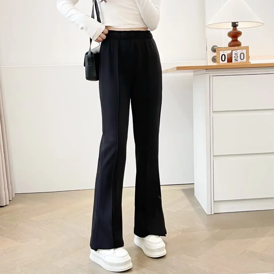 XXXXL موضة حجم كبير سراويل نسائية متوهجة 2025 خريف شتاء عادية سليم رقيقة الصوف شق الساق افتتاح عالية الخصر بنطلون #1