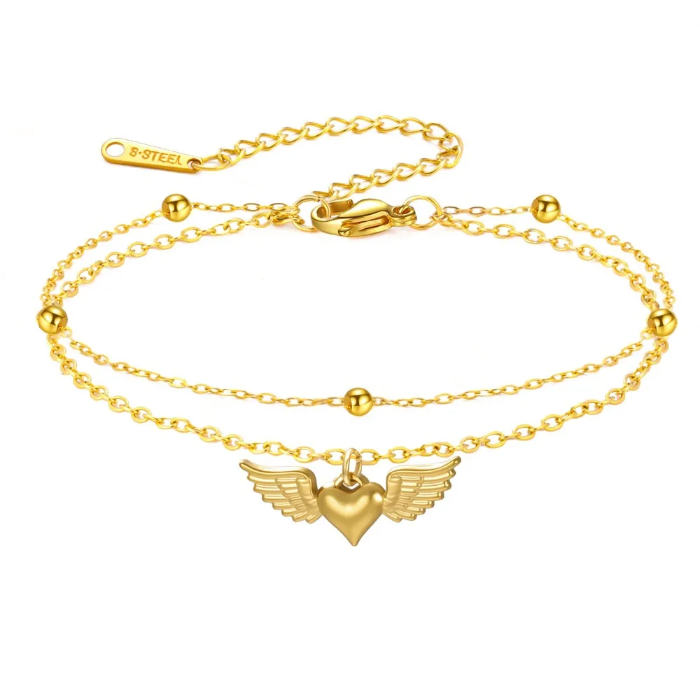 djustable Design Heart Wing Bracelet Beads Chain Waterproof Double Layer Chain Bracelet Heart Key Bracelet For Girls