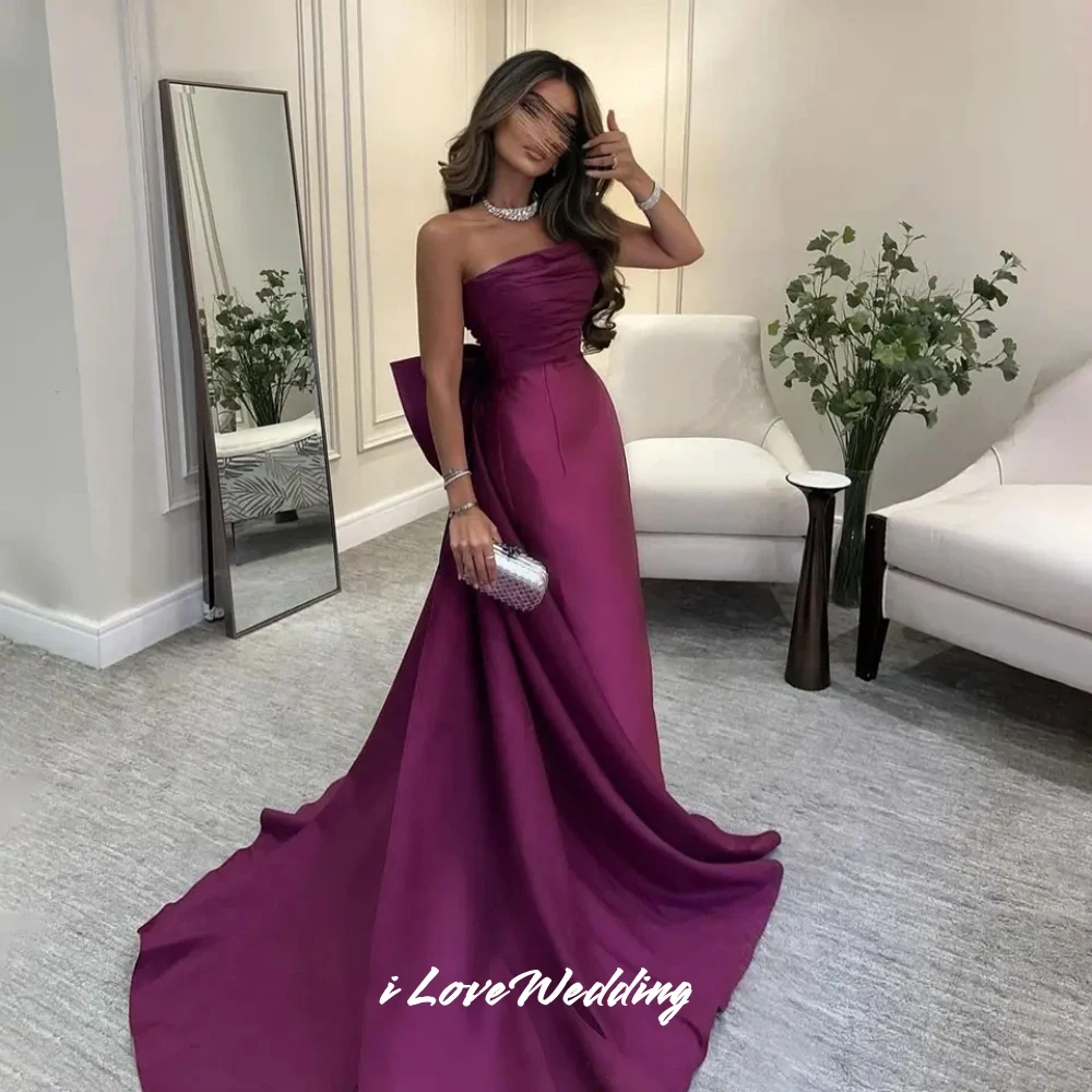 

Purple Strarpless Evening Dresses 2025 Satin Sleeveless Pleated Backless Sheath Sweep Train Wedding Party Dresses Customized
