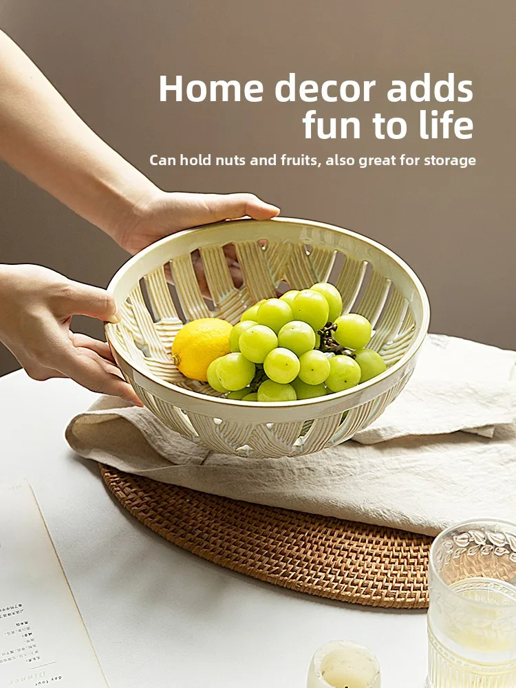 Modern Housewife Wicker Weaving Ceramic Fruit Tray Living Room Coffee Table Decoration Candy Tray Snack Fruit Basket Bowl view 2