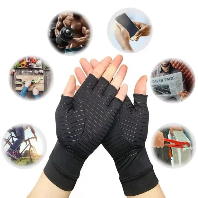 High Quality Anti Slip Compression Arthritis Copper Fiber Gloves for Hand Pain Copper Fiber Half Finger Gloves
