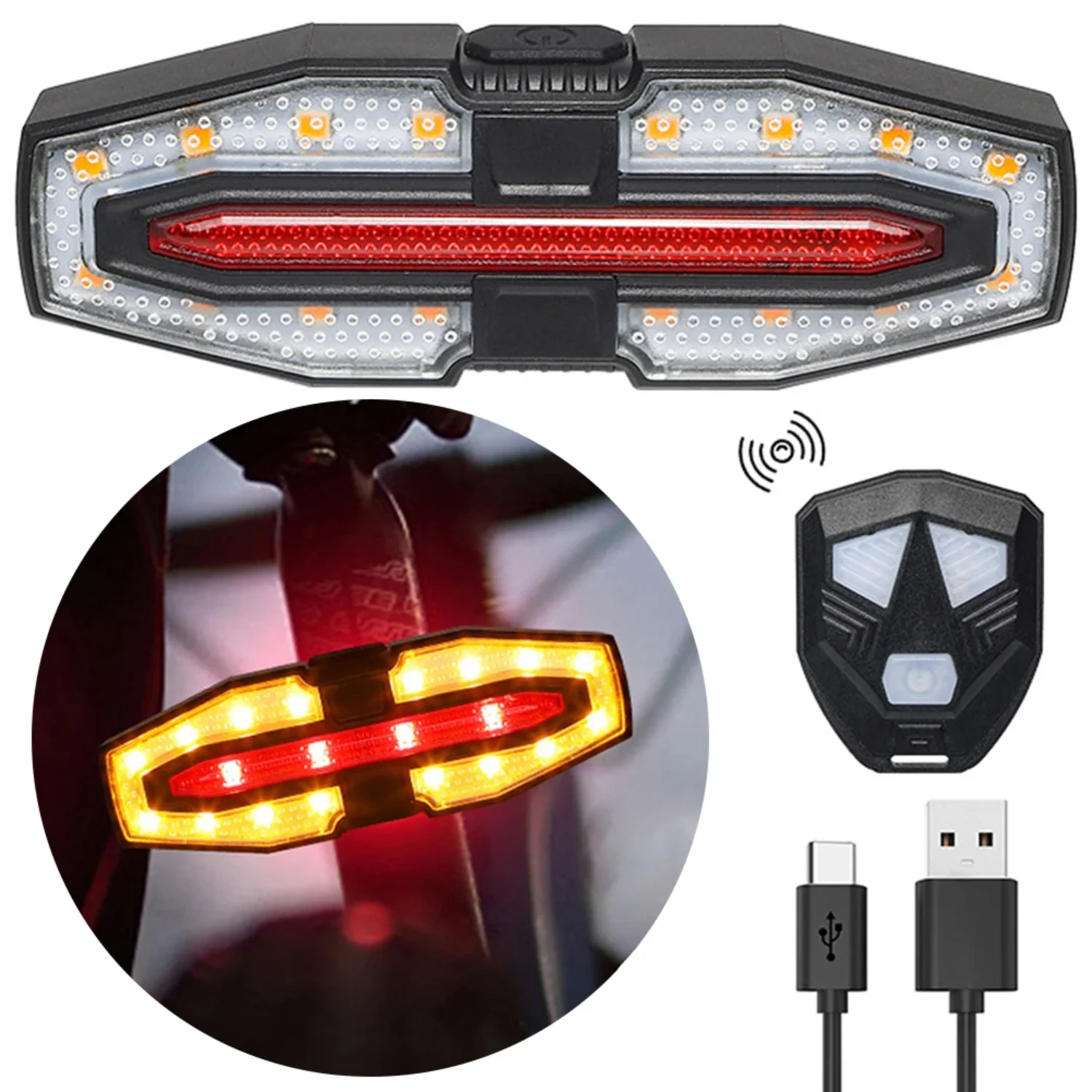 Bike Turn Signal Rear Light Remote Control Lights USB Rechargeable  Bicycle Lamp Bike Wireless Safety Warning Tail Light 3.78*1.