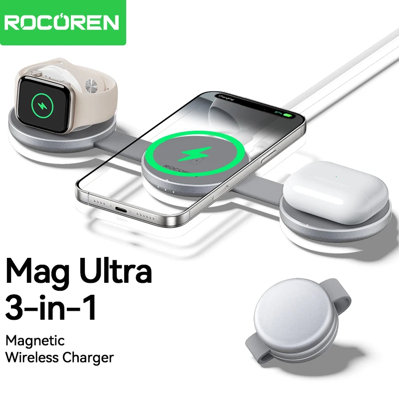 

Rocoren Foldable 3 in 1 Magnetic Wireless Charger Portable Fast Charging Dock Station For iPhone 16 15 14 Pro Max iWatch AirPods