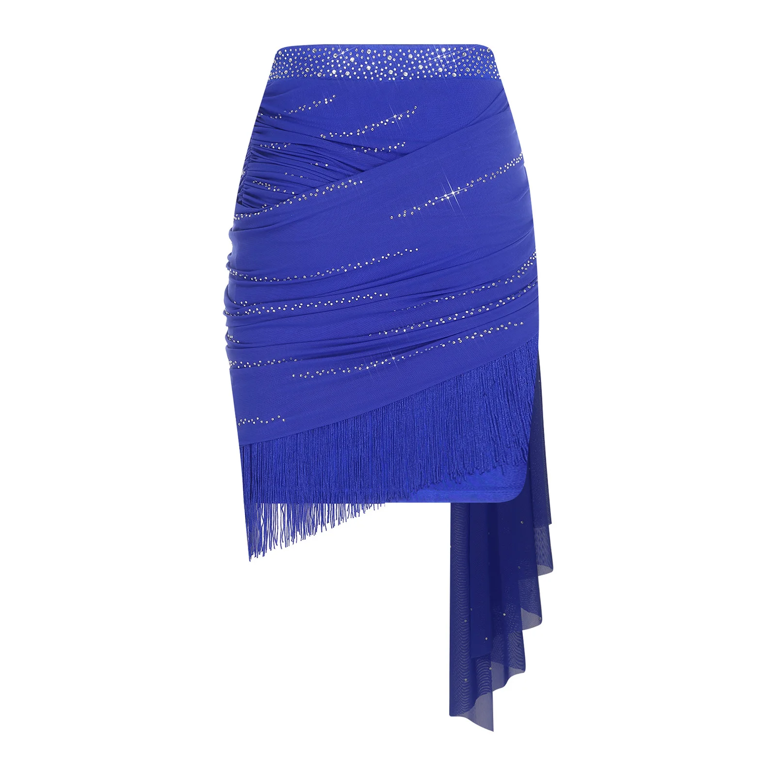 Women Rhinestones Tassels Salsa Latin Cha-cha Dance Performance Skirt Mesh Drape Ruched Fringe Skirt for Latin Samba Dance Wear