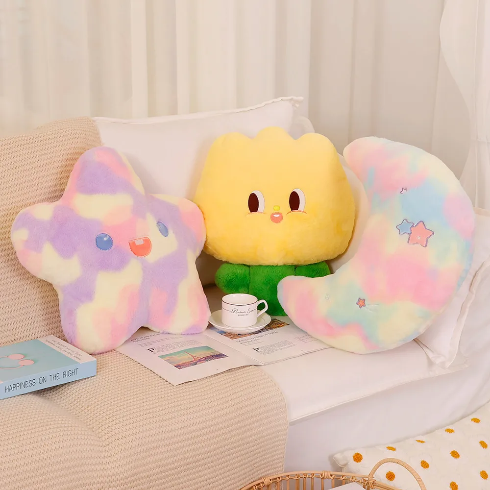 Oreiller en peluche couleur arc-en-ciel, étoile, lune, décor pelucheux, tulipe rose jaune, coussin pour canapé, chaise, lit, lit, lit, cadeau