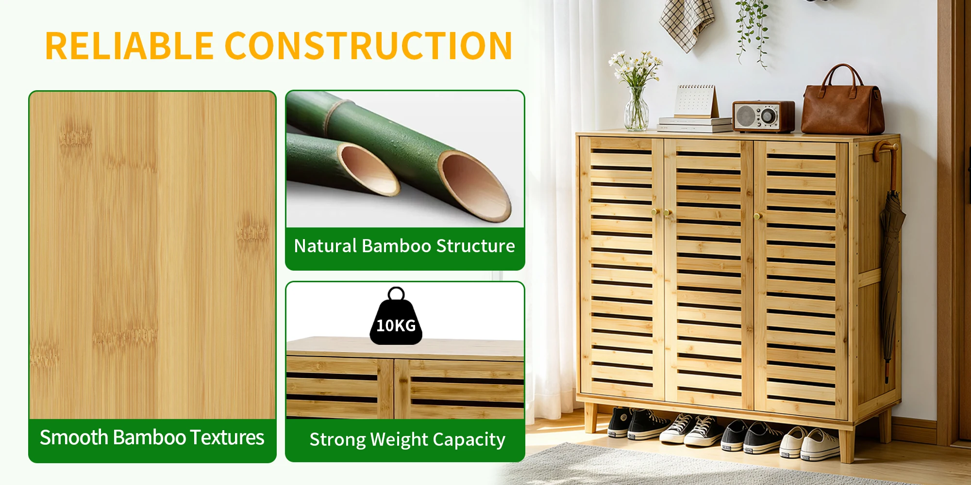 2 Or 3 Doors Bamboo Shoe Storage Cabinet 5 Tiered Shelves Organizer Rack for Entryways Hallways with Ventilated Slatted