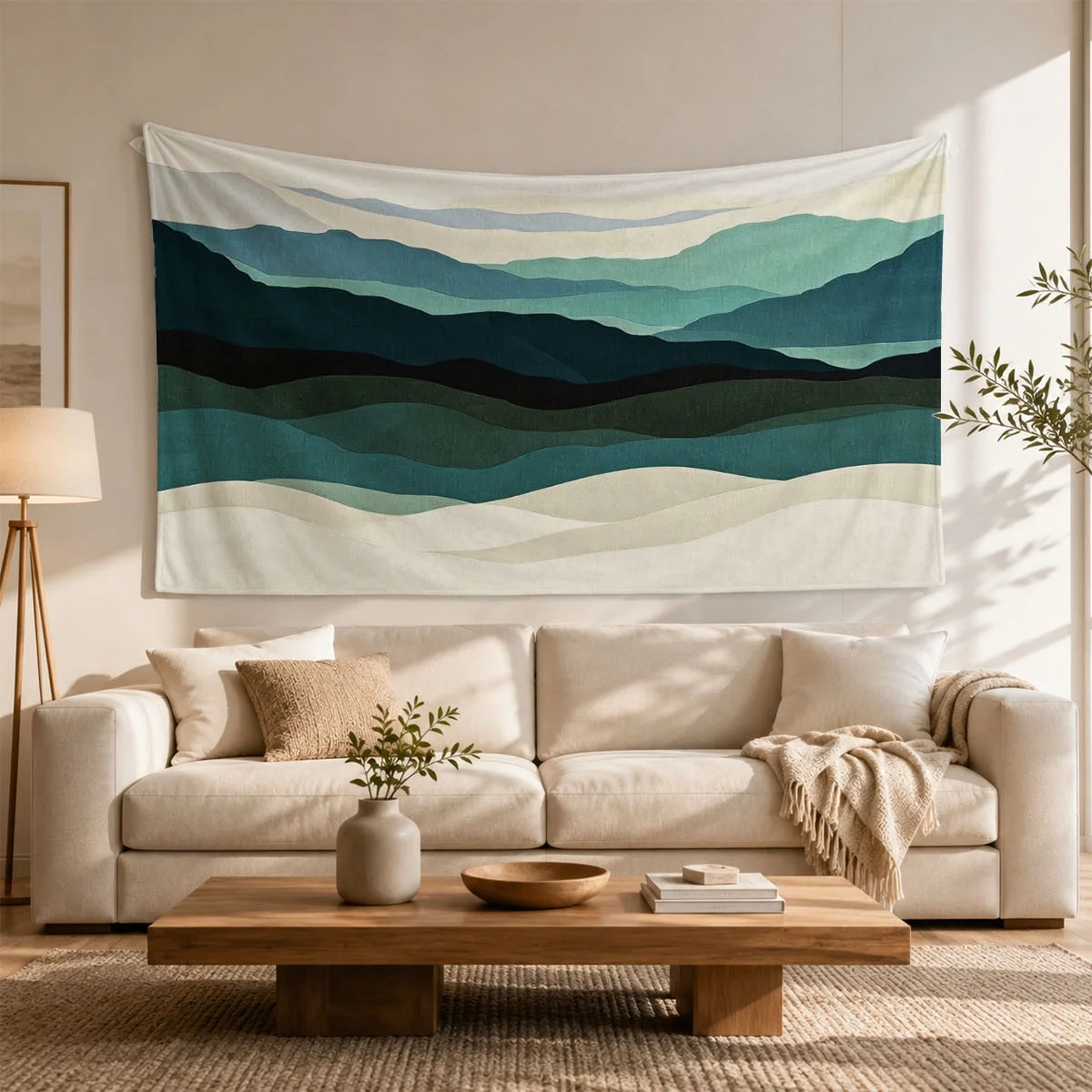 1 PCS Layered Blue Green Mountain Lake Tapestry Gradient Misty Ridge Nature Landscape Wall Hanging Minimalist Mountain Scenery