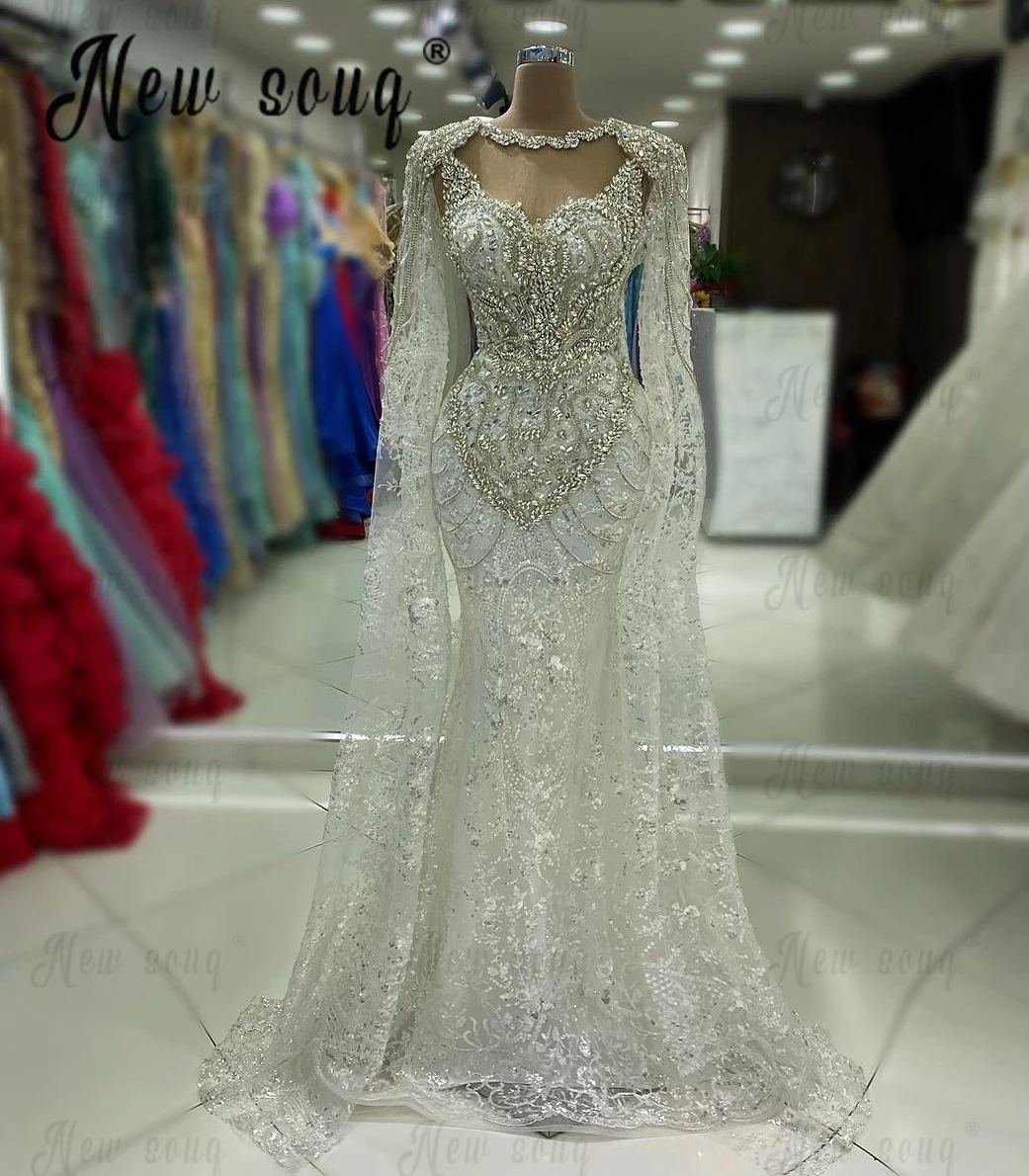 Vestido de noiva feminino com manga comprida de renda, cristais prateados, vestidos de noiva frisados em Dubai, vestidos formais de jantar branco, luxo