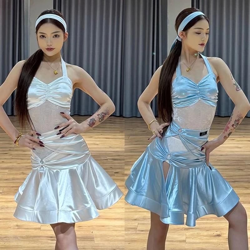 

2025 Latin Dance Costume Women Performance Dress White Blue Satin Tops Skirt Club Rumba Salsa Dance Dress Practice Wear DNV23241