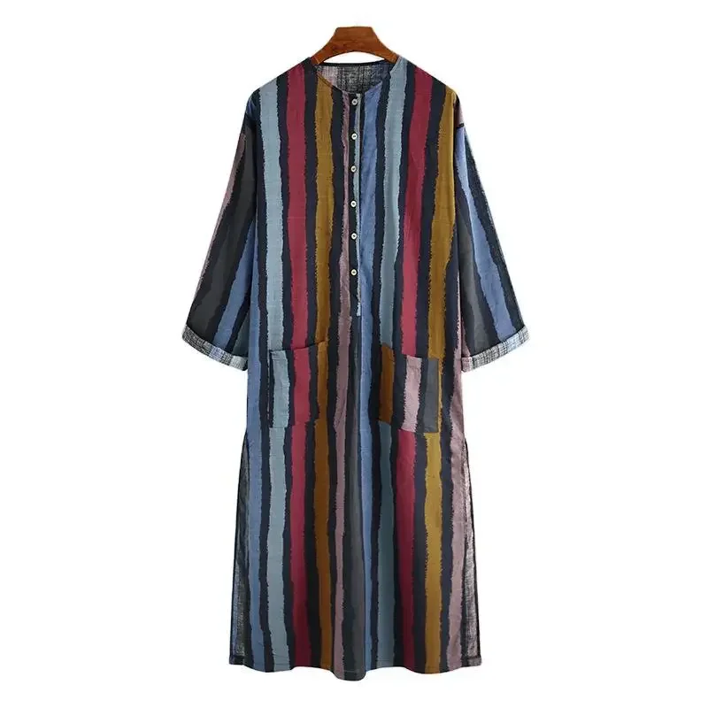 2024 Men\'s Spring and Summer Muslim Long Sleeve Cotton Striped Robes Summer Islamic Arabian Kaftan Suit Middle East Dubai Abaya