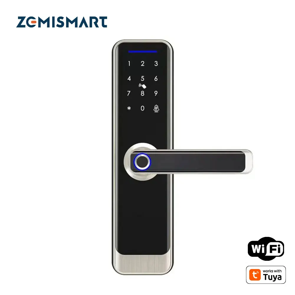 Zemismart-Serrure de porte numérique Wifi, fonctionne avec Tuya, empreinte digitale, carte IC, clé, déverrouillage par mot de passe, sonnette requise, télécommande