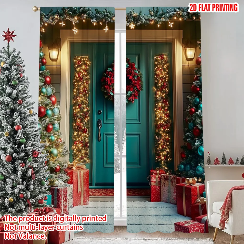 

2pcs 2D flat printing Christmas Curtains Christmas 16 Fabric Without Electricity Festive Curtains for Indoor Celebrations Studio