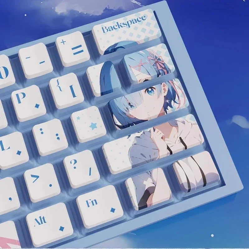 Custom Rem Emilia Anime Theme Keycaps Set PBT OEM Profile 121 Keys Transmission Handmade Keycaps for Mechanical Keyboard