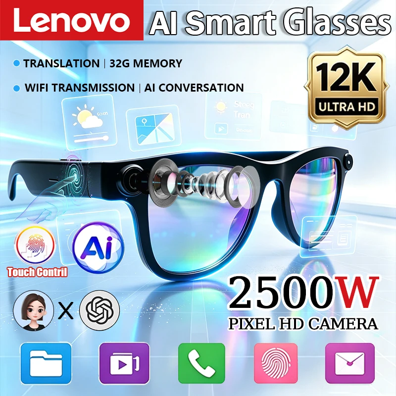 Lenovo AI 2500MP 12KHD Smart Glasses Vedio Translation Women Men Hands-Free Call AI Chat Logging Music Playback Smart Sunglasses