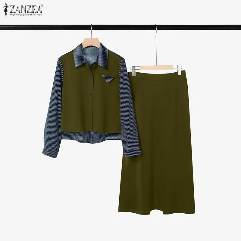 

ZANZEA Модные комплекты платьев, женские полосатые лоскутные рубашки с длинными рукавами и длинные юбки, повседневные комплекты из 2 предметов, элегантные офисные наряды из 2 предметов