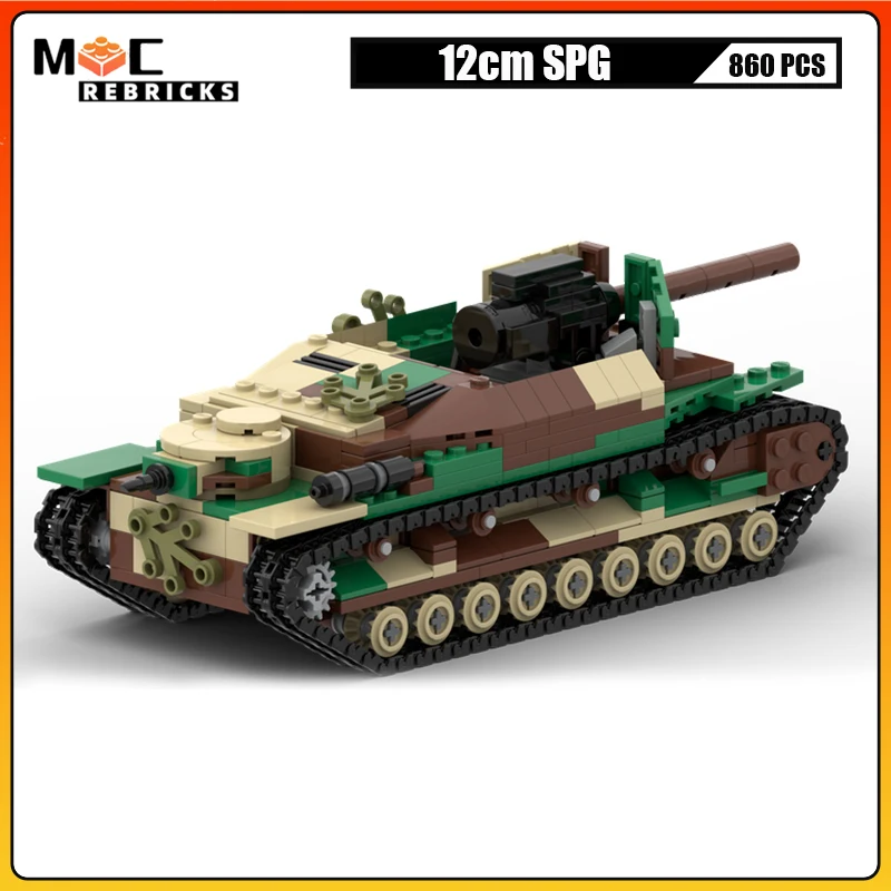 WW2 Military 12cm Self-Propelled Gun Tank Vehicle Track Truck MOC Building Block Army Weapons Assembly Model Bricks Toy Kid Gift