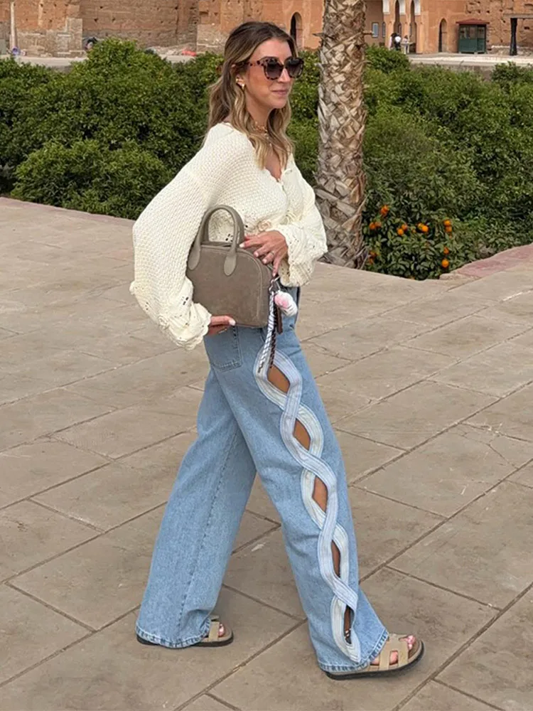 Fashion Women Hollow Out Jeans Summer Wide Leg Denim Pant With Pockets Button Zipper Y2k All-match Trouser 2026 High Street