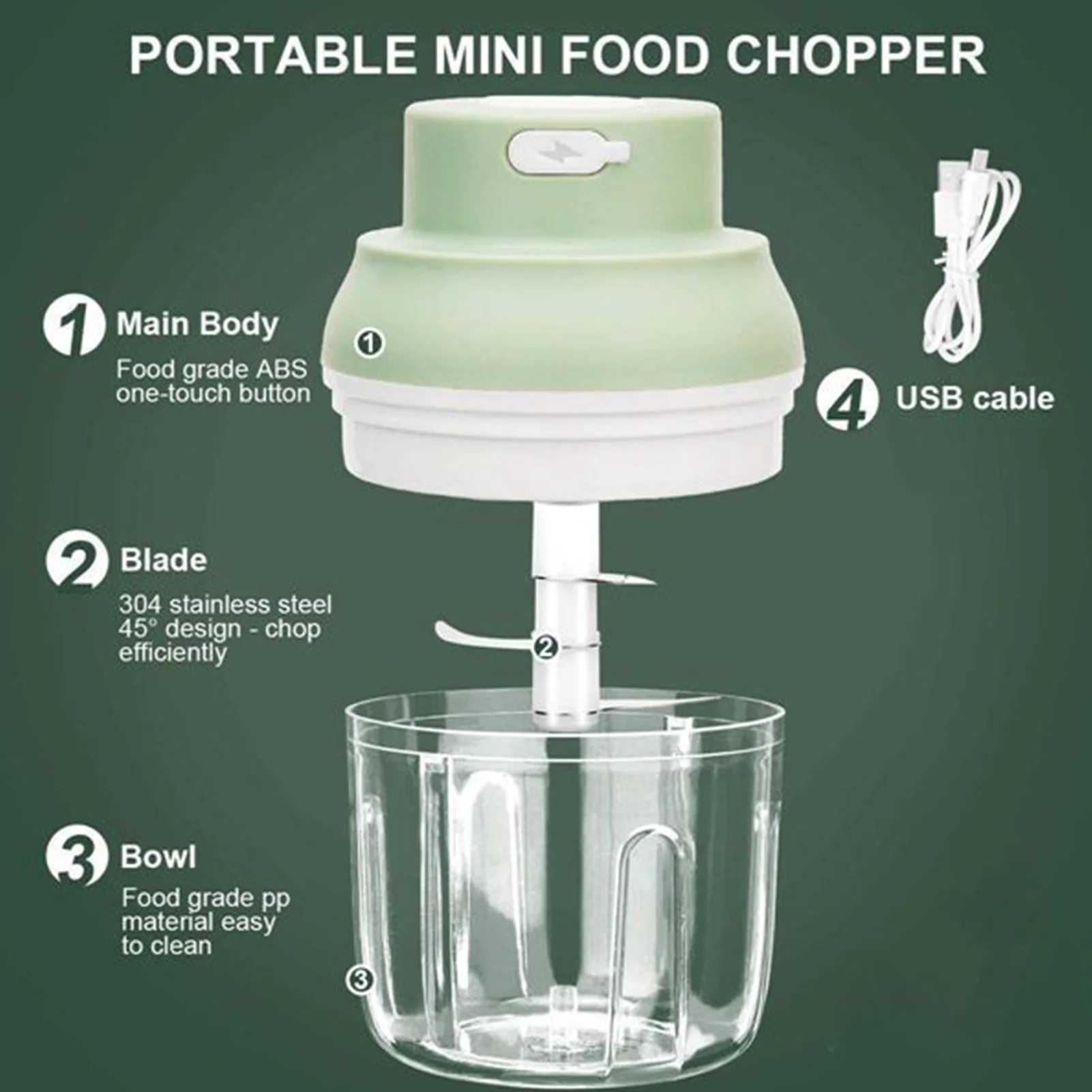 Picador de alho elétrico com carregamento USB, sem fio, 3 lâminas, máquina trituradora de alho para temperos, carne, suplemento alimentar