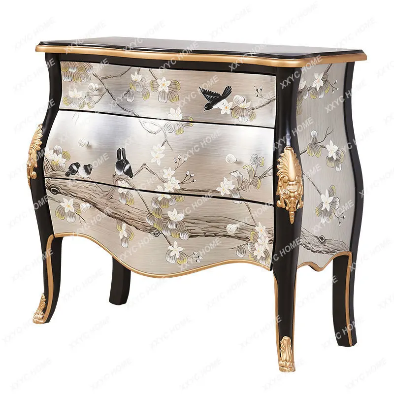 New Chinese Style Lobby Entrance Aisle Entrance Cabinet Silver Foil Painted Flowers and Birds Original Classic Living Room