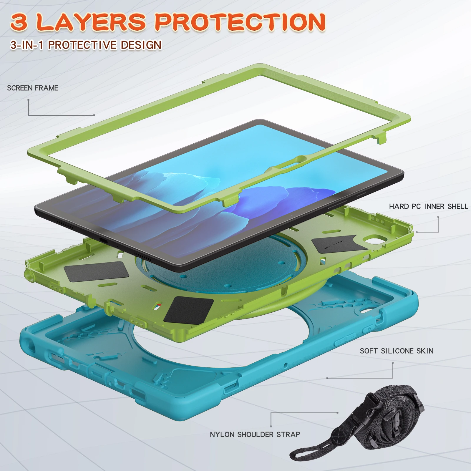 Armor Case For Samsung Galaxy Tab A7 10.4 2020 2022 SM-T500 T505 T507 T509 360 Rotatable Stand Hybrid Cover With Shoulder Strap