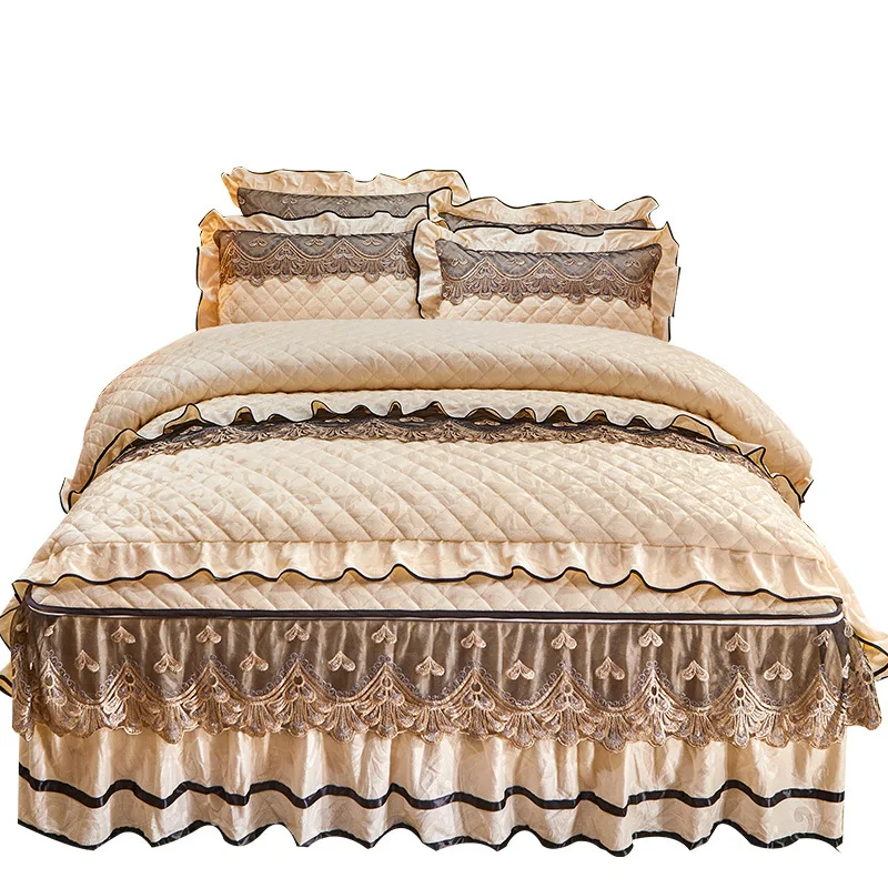 

Fully padded bed skirt four-piece set of lace autumn and winter milk fleece quilt cover European coral fleece bed sheet lace