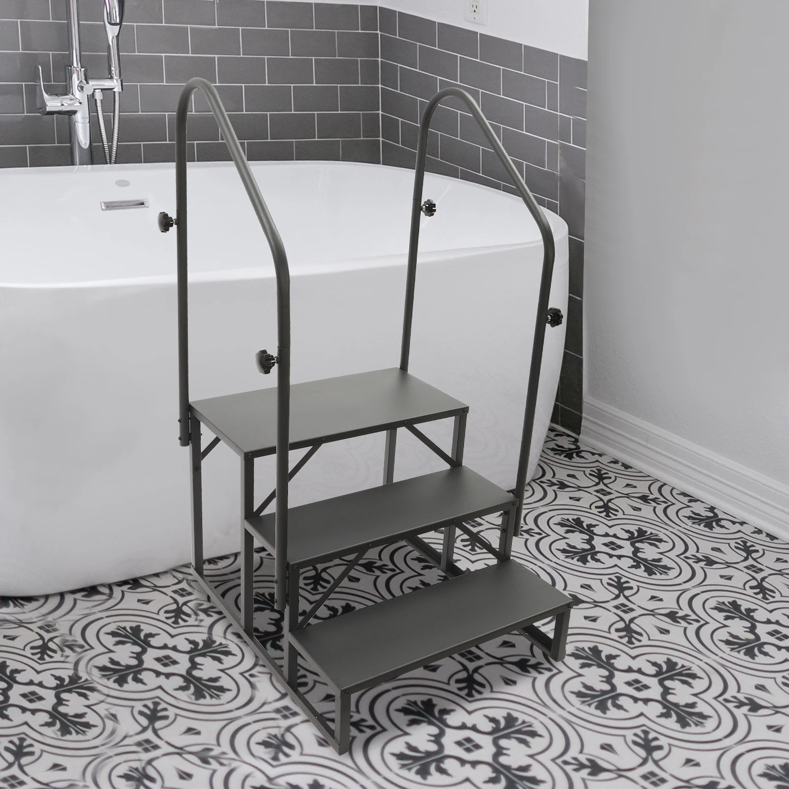 سلالم بخطوتين مع درابزين مزدوجين بسعة تحميل 450 رطل، هيكل ثابت، سهل التركيب، تنظيف للشرفة المنزلية للتخييم RV #4