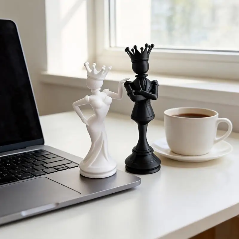 Hot Sale 2Pcs 3D Printed Chess Couple Statues Creative Decoration Desktop Ornaments Sculpture Queen King Statue Gift