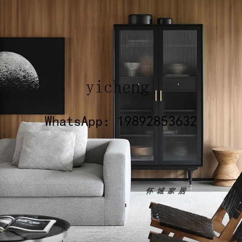 HYS  Solid Wood Bookcase Storage Living Room Simple Glass Storage Cabinet Display Showcase