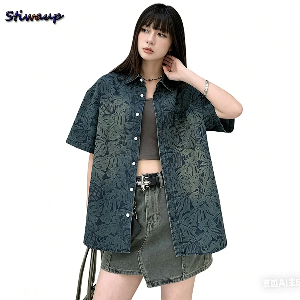 Short Sleeve Denim Shirts Woman Blue Washed All-over Print Women's Shirt Vintage Lapel Fashion Cowboy Blouse Woman Tops Summer