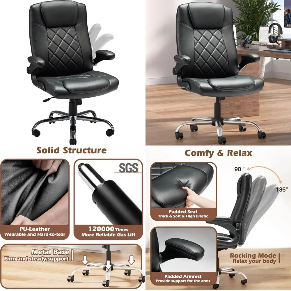 Ergonomic Adjustable PU Leather Computer Chair with Lumbar Support and Flip-Up Arms for Home Office Desk Managers