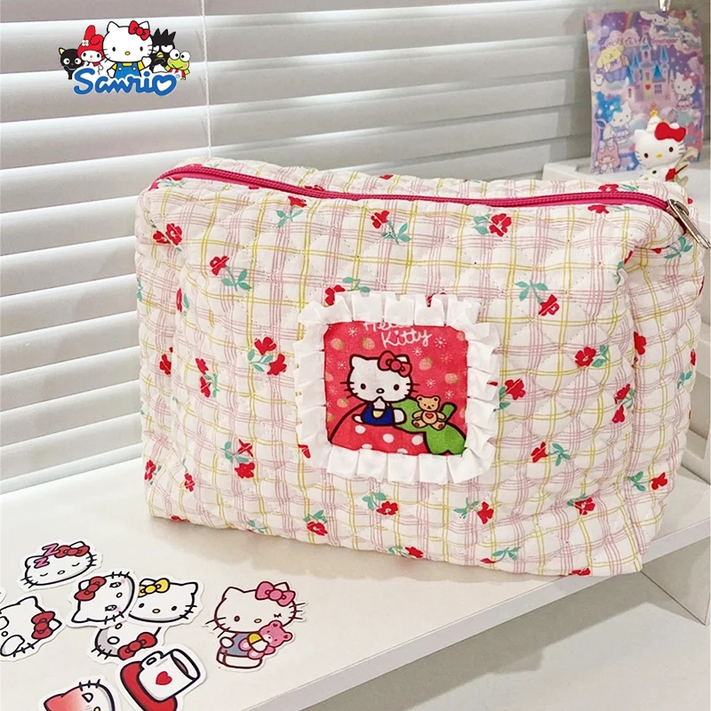 Hello Kittys Sanrio-Bolsa de cosméticos Kawaii Anime, bonito patrón, belleza, dibujos animados, maquillaje, almacenamiento de artículos de tocador,