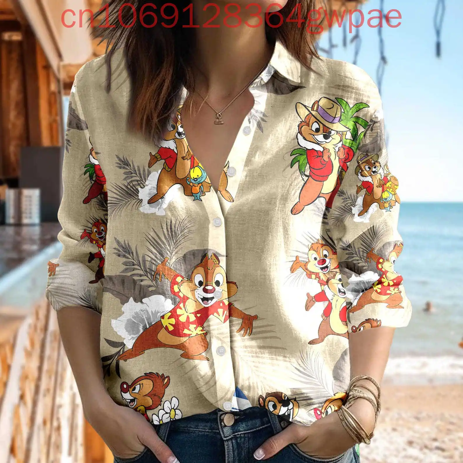 

Тропический Дисней Чип и Дейл Женская повседневная рубашка Повседневная рубашка на пуговицах с длинным рукавом Мультяшная женская мода Рубашки с 3d принтом Топы