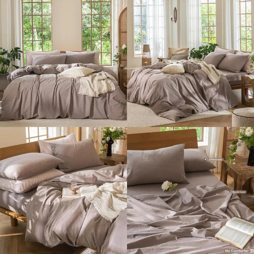 

100% Cotton Washed Linen Texture Duvet Cover Set - Breathable, Durable, Soft Comfort - Heathered Mauve Brown, King Size Bedding