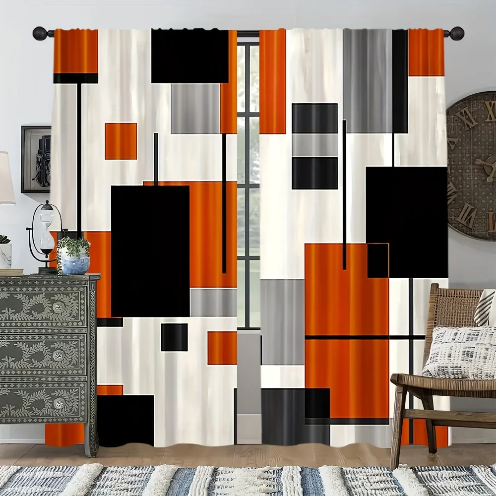 2D Flat, 35x90in*2pcs 2pcs Modern Geometric Abstract Art Curtains, 100% Polyester, Rod Pocket Design, Bold Orange, Black & Gray