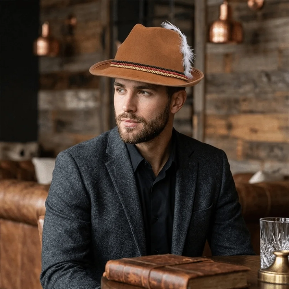 Classic Bavarian Feather Hat Decorative Side Cord Western Fedora Hat Structured Brim Dress Up Oktoberfest Hat Halloween Party