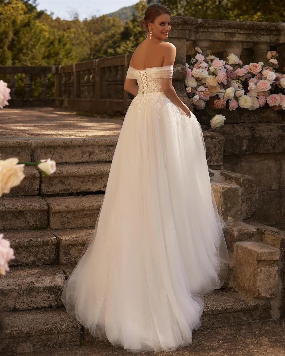 

Customized Boho White Organza Wedding Dress Sexy Sweetheart Off the Shoulder Bridal Gowns Soft A-Line Court Train Robe de mariée