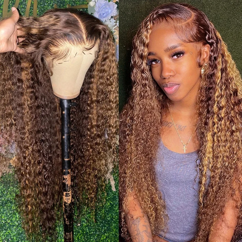 13x6 Highlight Wig Human Hair Lace Frontal Wig Deep wave Curly Water Wave Colored Honey Brown Lace Front Human Hair Wigs On Sale