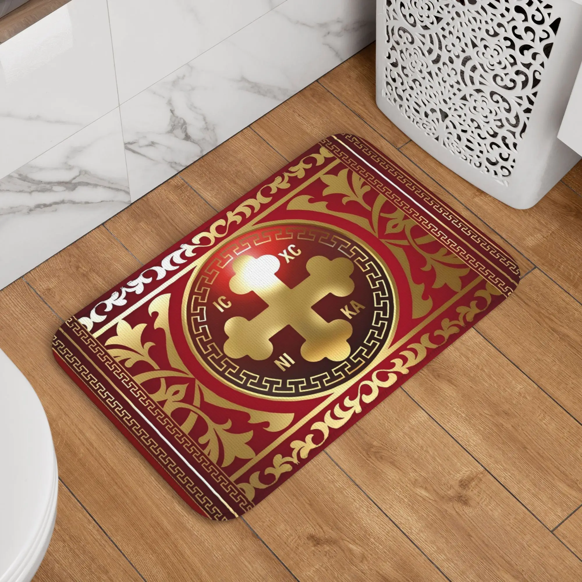 Custom XC NI Greek Orthodox Cross Red Gold Front Door Mat Waterproof Cross Christogram  Doormat Floor Bath Entrance Rug Carpet