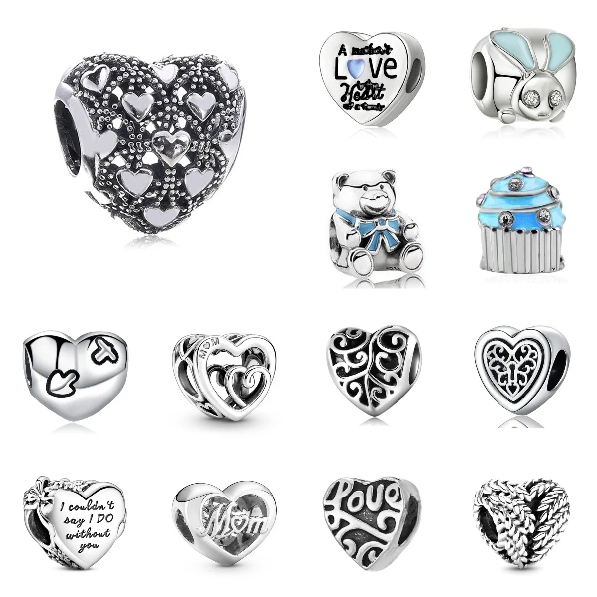 

2024 New Silver Plated Classic Heart Charm Beads For Fashion DIY Bracelet Necklace Jewelry Accessories Festival Gifts